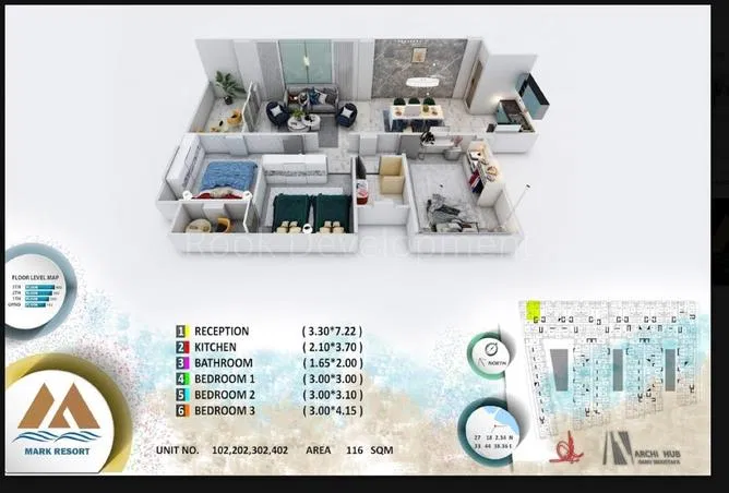 3-bedroom apartment 116 m² for sale in El Kawther District