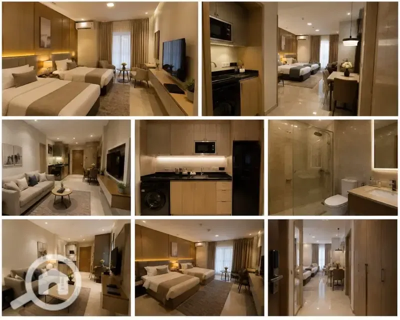 Studio for sale in 6th of October, First District, one minute from El-Hosary, area of 40 square meters, available in multiple layouts, very prime location, one minute from El-Hosary, 3 minutes from Mall of Egypt and Mall of Arabia, overlooking a garden.