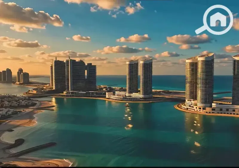 A large apartment in Downtown Alamein with a view of the sea and towers, divided into 3 rooms, 3 receptions, 3 terraces, 3 bathrooms, and a large kitchen with a balcony of 179m.